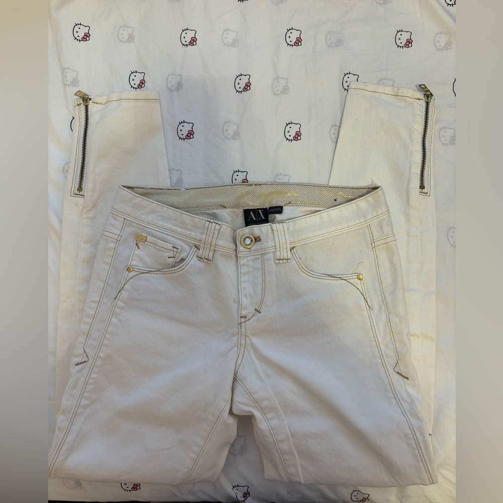 Armani Exchange white skinny jeans with gold detail